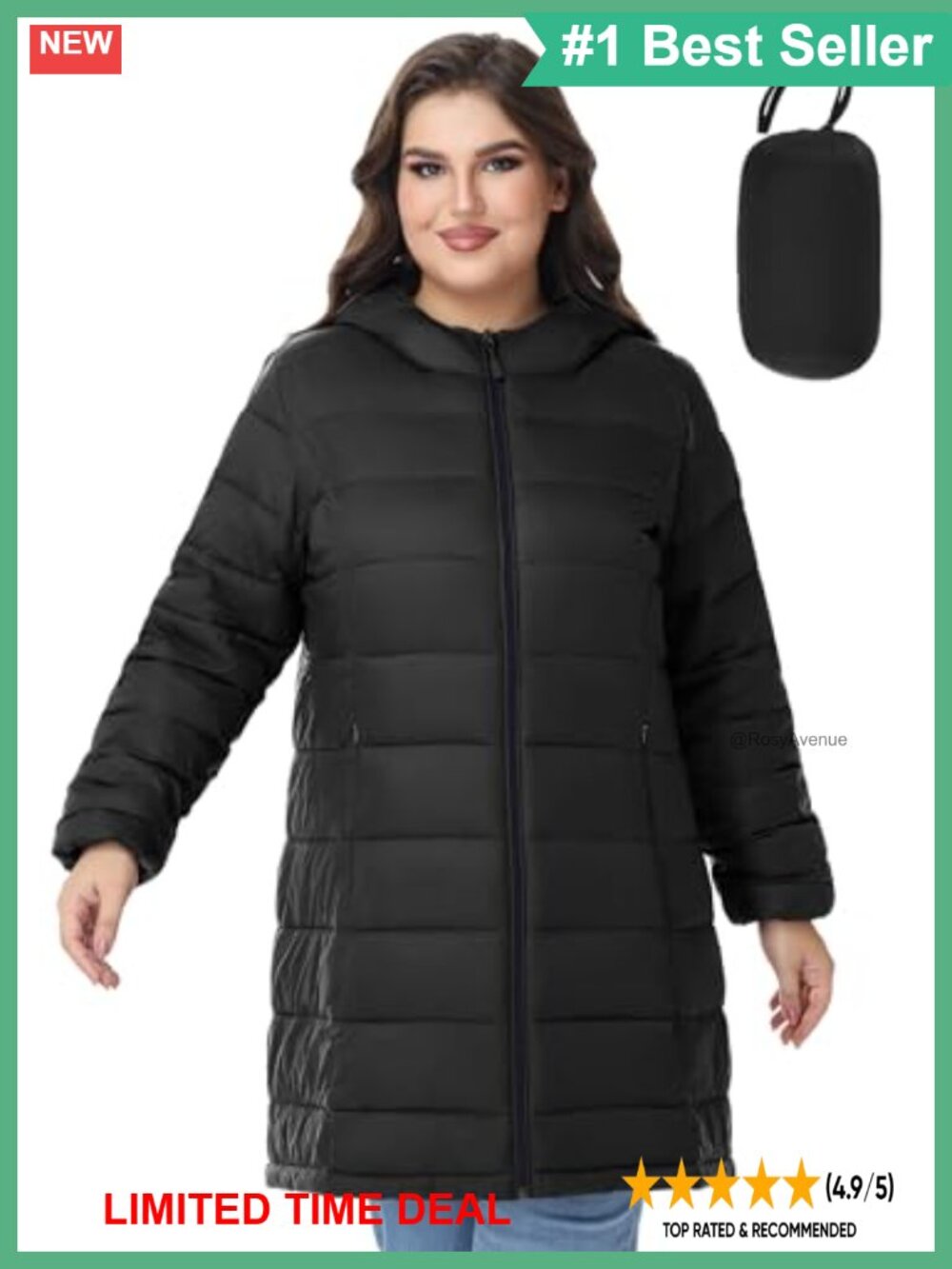 Plus Size Packable Puffer Jacket Lightweight Thigh-Length Water Repellent